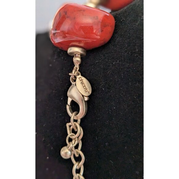 Red Beaded Necklace & Earrings Set With Gold Details By Chicos - Adjustable Chai - Picture 3 of 12